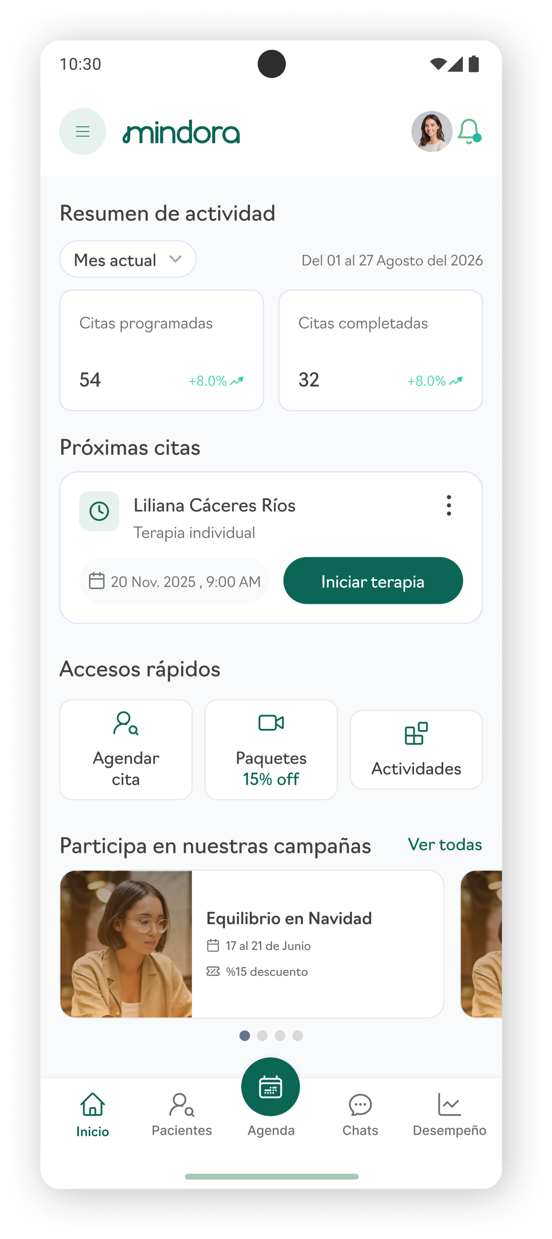 Mindora: resumen de actividad en móvil