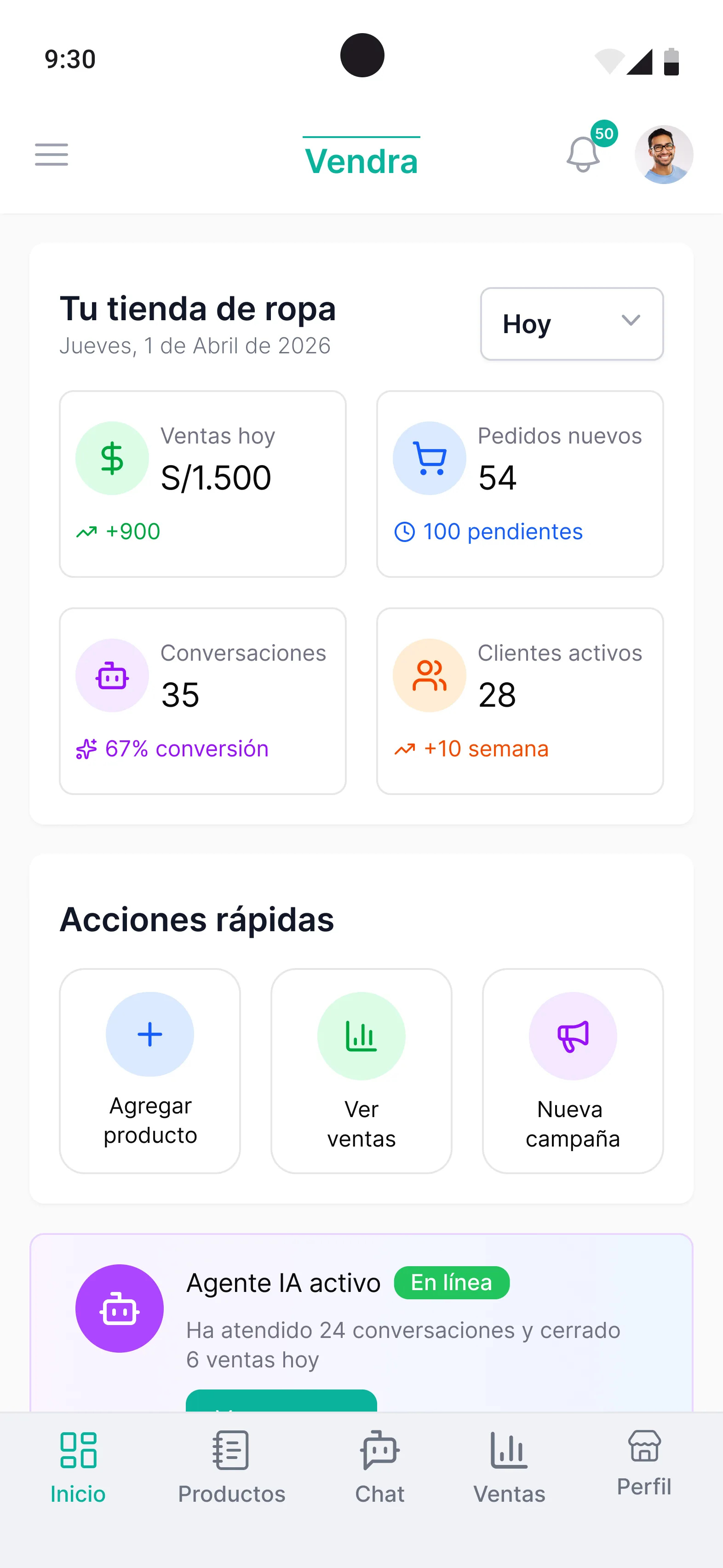 Lista de conversaciones en Vendra