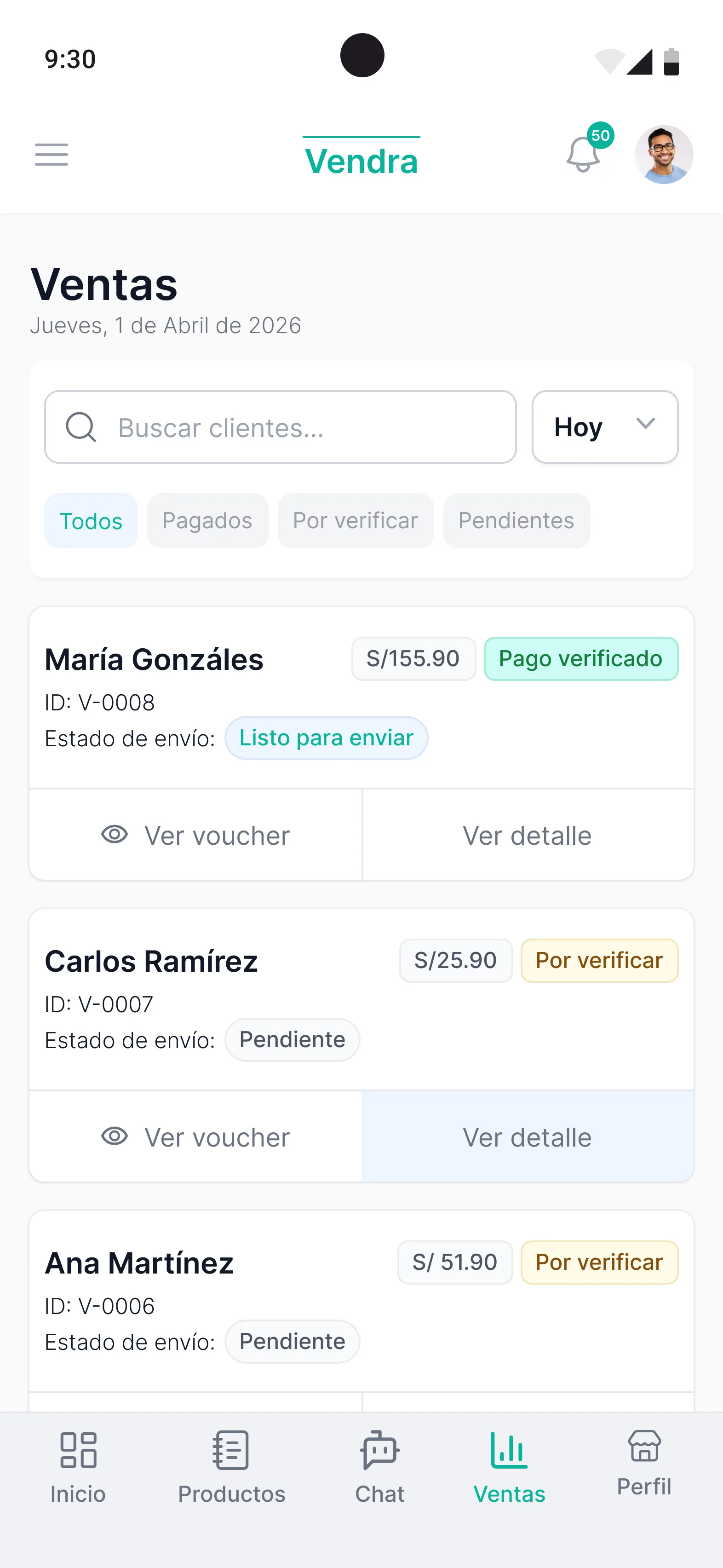 Conversaciones de clientes en Vendra